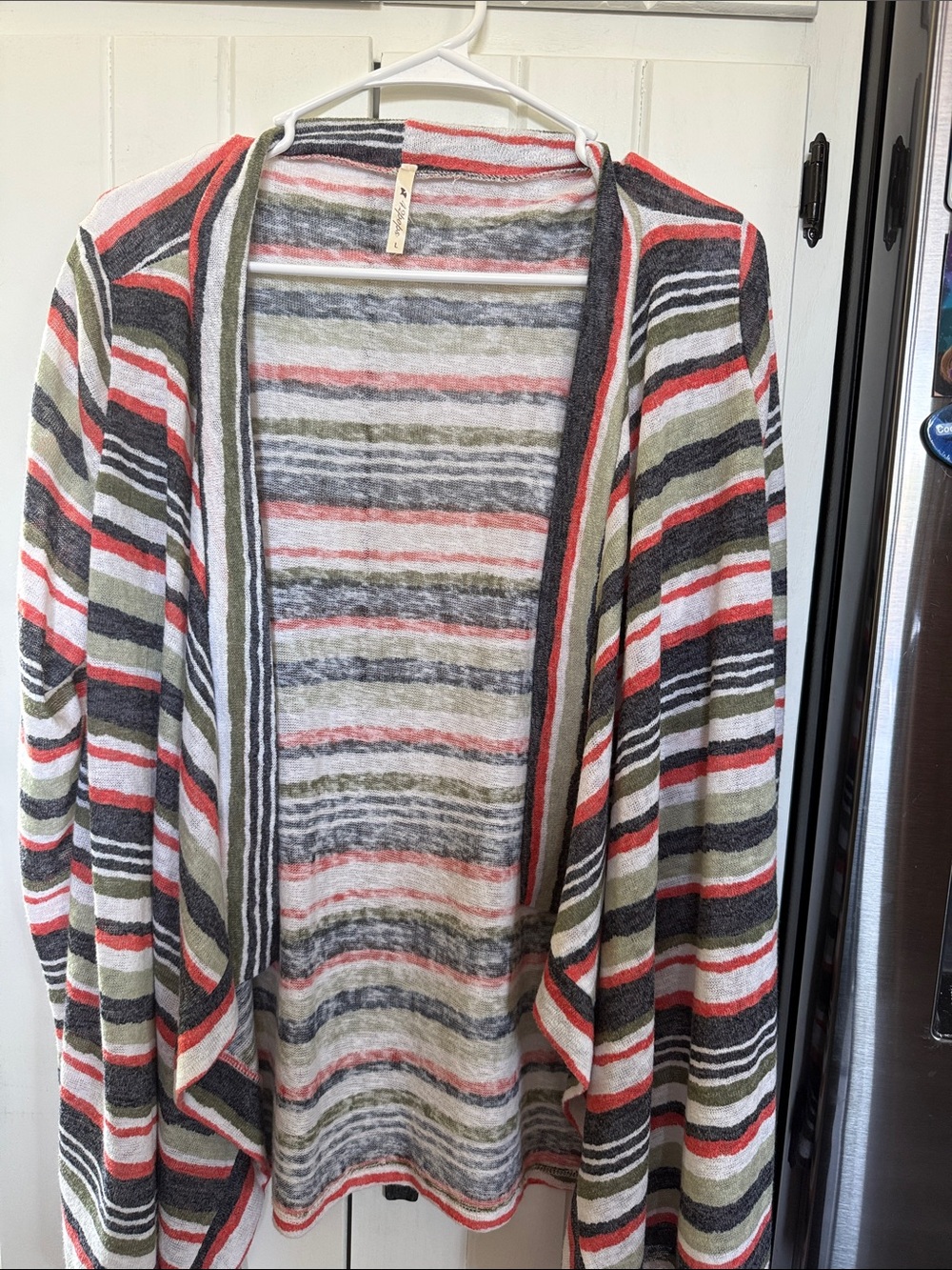 Striped Open-Front Lightweight Shrug in Coral, Olive, Gray & Cream